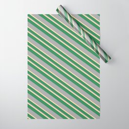 [ Thumbnail: Tan, Sea Green, and Dark Gray Colored Stripes/Lines Pattern Wrapping Paper ]