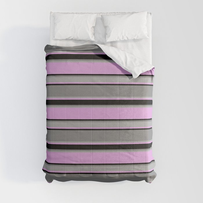 Plum, Black, Gray, and Dark Grey Colored Striped/Lined Pattern Comforter