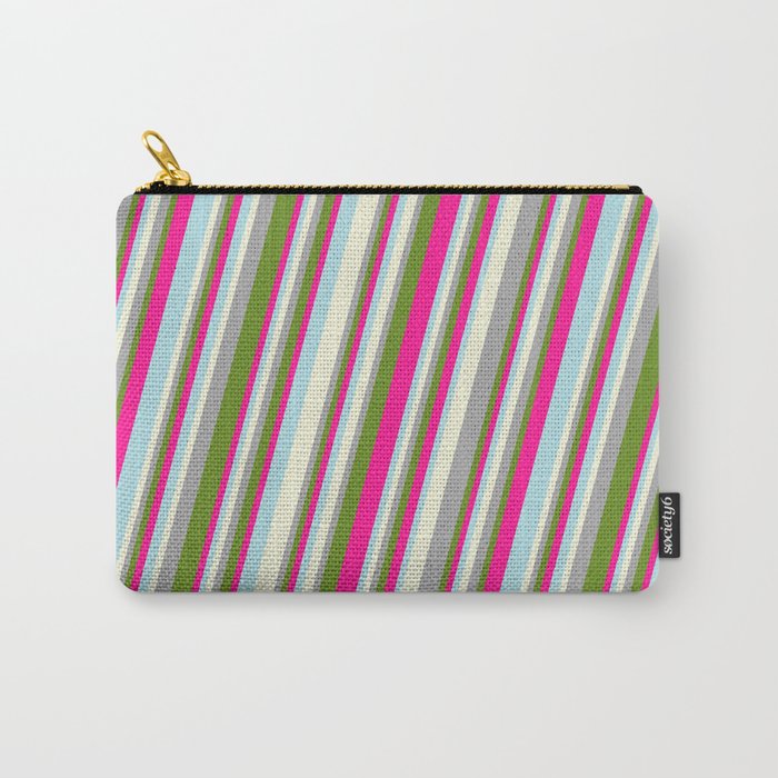 Beige, Dark Gray, Green, Deep Pink, and Powder Blue Colored Stripes Pattern Carry-All Pouch
