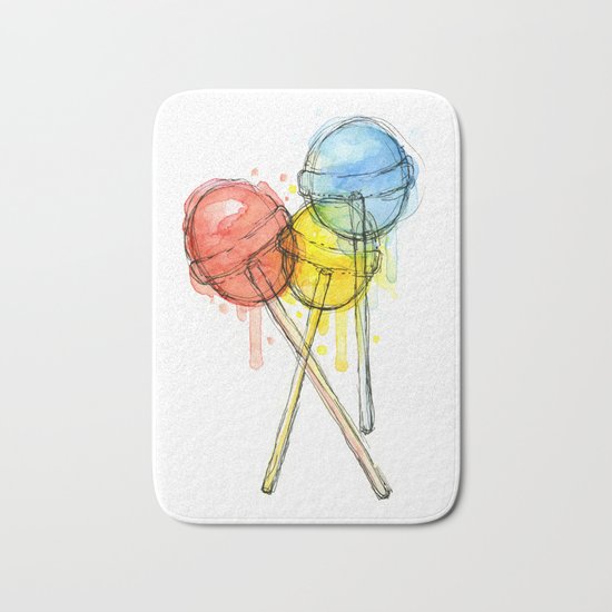 Lollipop Red Blue Yellow Candy Food Watercolor Bath Mat