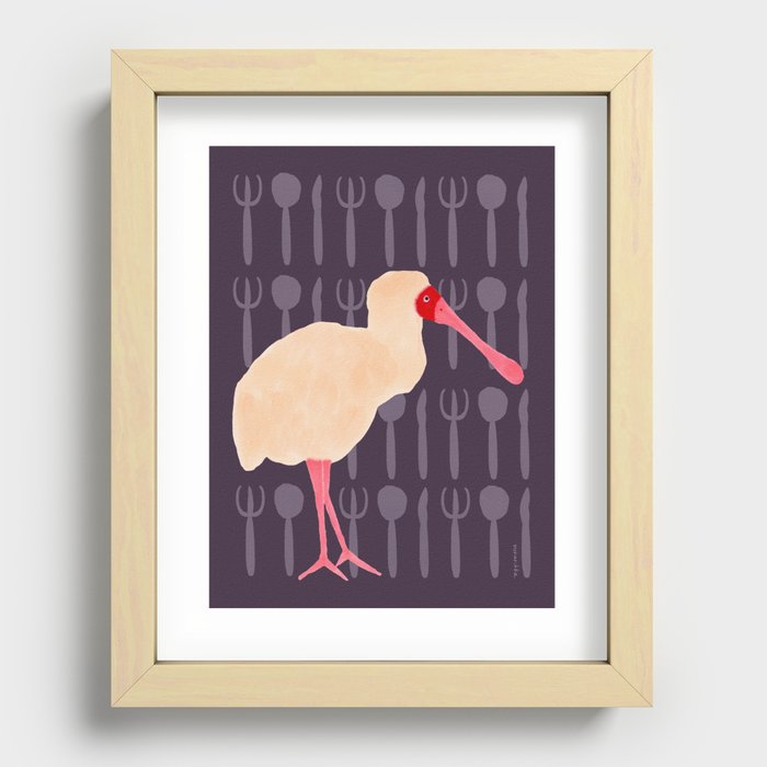 Bird and Spoon, Fork, Knife - Salmon and Purple Recessed Framed Print