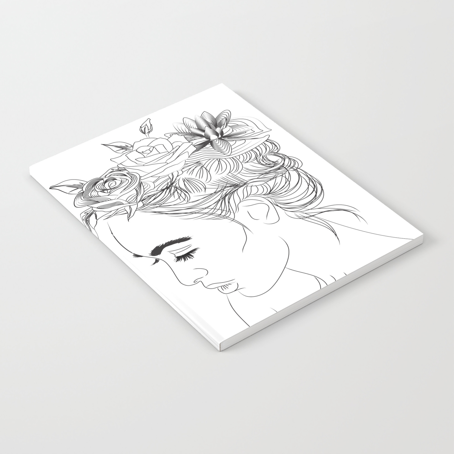 Simple Black And White Ink Drawing Of Woman With Flowers In Hair Notebook By Andwomandesign Society6