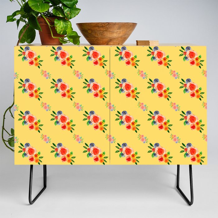 Watercolor Peonies on Yellow Credenza