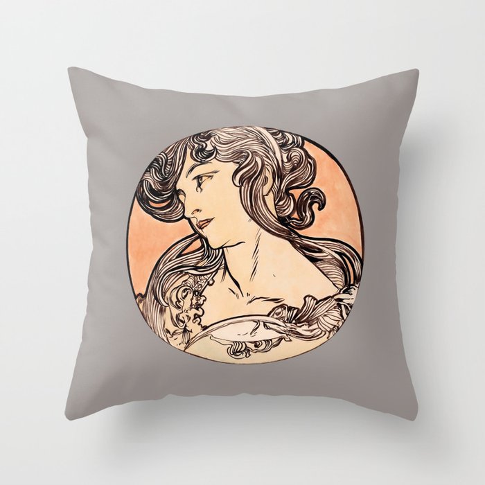 Art Nouveau Portrait of Woman II by Alphonse Mucha (Dark Greige Background) Throw Pillow