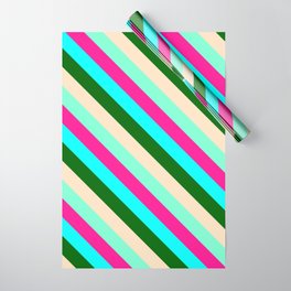 [ Thumbnail: Colorful Deep Pink, Cyan, Dark Green, Bisque, and Aquamarine Colored Striped/Lined Pattern Wrapping Paper ]