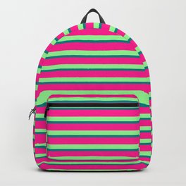 [ Thumbnail: Green, Teal, and Deep Pink Colored Stripes Pattern Backpack ]