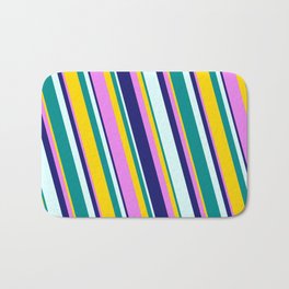 [ Thumbnail: Eye-catching Yellow, Violet, Midnight Blue, Light Cyan, and Dark Cyan Colored Stripes/Lines Pattern Bath Mat ]