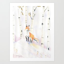 Fox and Birch Trees 2  Art Print