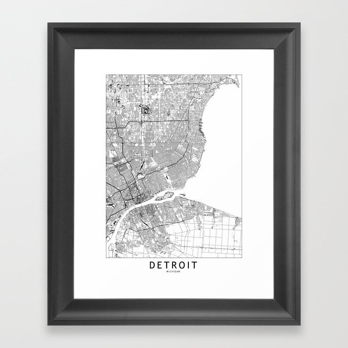 Detroit White Map Framed Art Print
