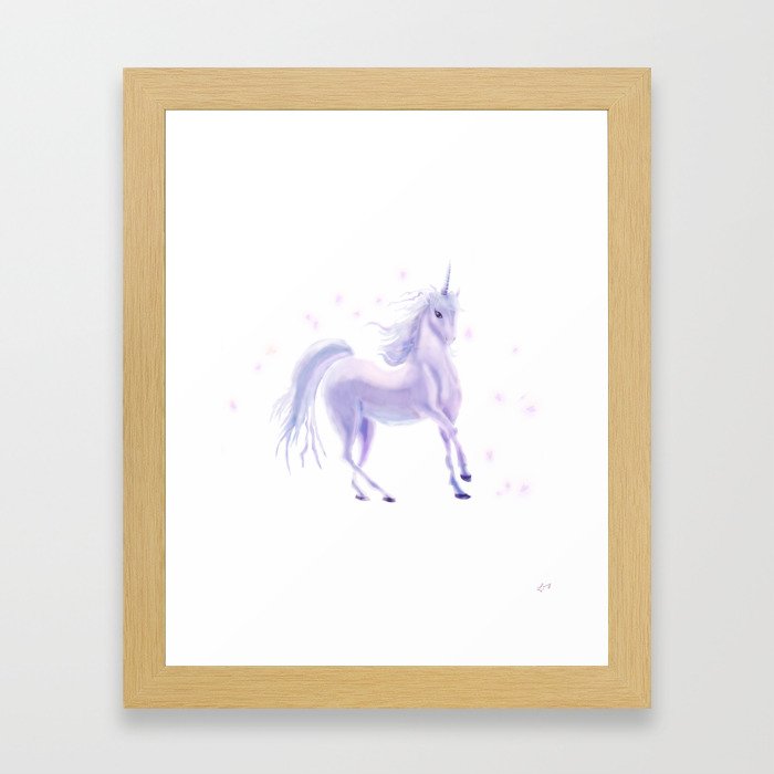 Unicorn on White with Petals Framed Art Print