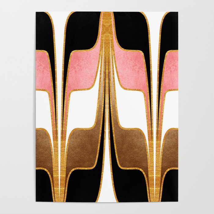 Mid Century Modern Liquid Watercolor Abstract // Gold, Blush Pink, Brown, Black, White Poster