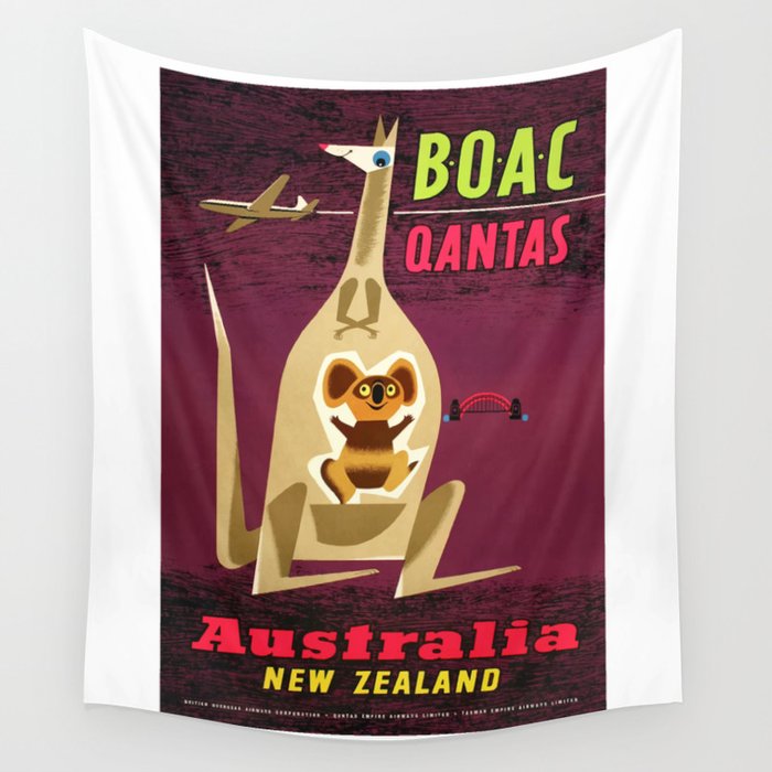 1960 Australia New Zealand BOAC  Qantas Advertising Poster Wall Tapestry