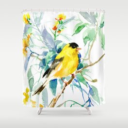American Goldfinch, yellow sage green birds and flowers Shower Curtain