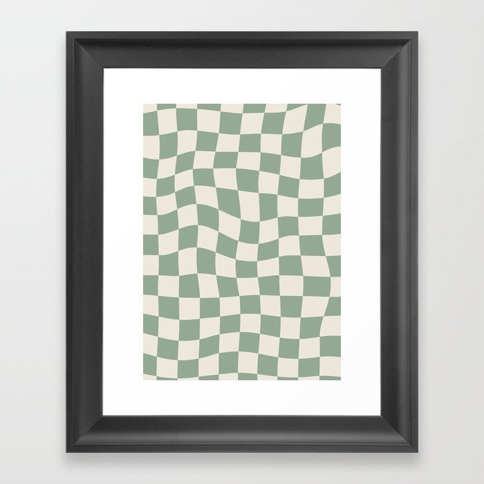 Sage Green Wavy Checkered Pattern Framed Art Print