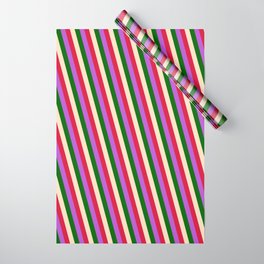 [ Thumbnail: Bisque, Crimson, Orchid & Dark Green Colored Pattern of Stripes Wrapping Paper ]