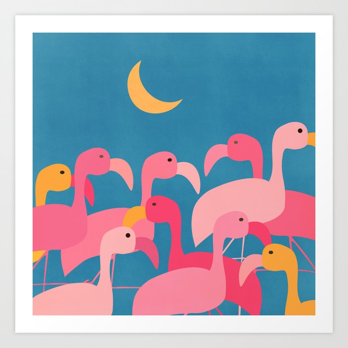 Midnight Flamingos Art Print