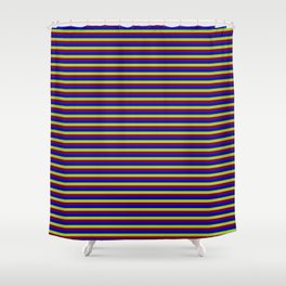 [ Thumbnail: Blue, Green, and Maroon Colored Lines/Stripes Pattern Shower Curtain ]