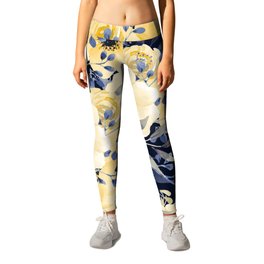 Floral Watercolor Print, Yellow and Navy Blue Leggings