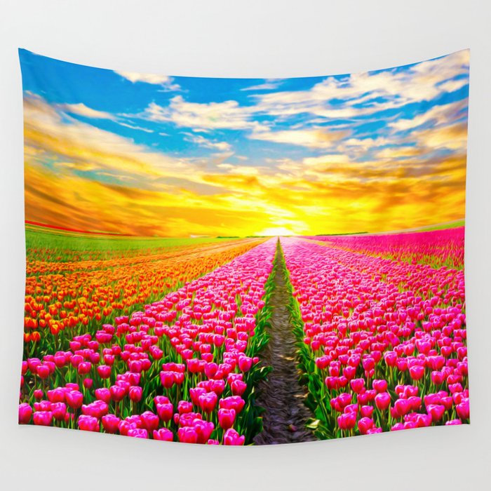 Sunset Tulip Field Oil painting Landscape Wall Tapestry by