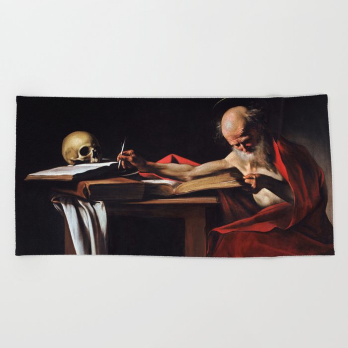 Saint Jerome Writing By Caravaggio 1606 Beach Towel By Thearts
