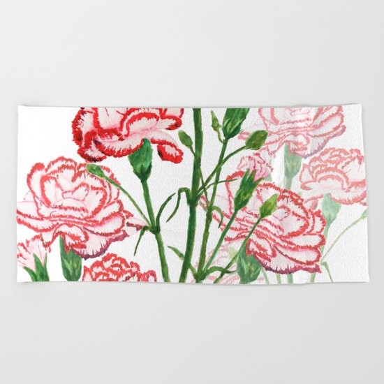 pink and red carnation watercolor painting Beach Towel