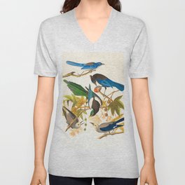 Vintage Birds Print V Neck T Shirt