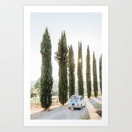 Light Blue Oldtimer Car in Italy. Minimalistic print - fine art photography Art Print | Nature, Tuscany, Car, Light Blue, Blue, Europe, Digital, Sunset, Cypress Trees, Wedding 