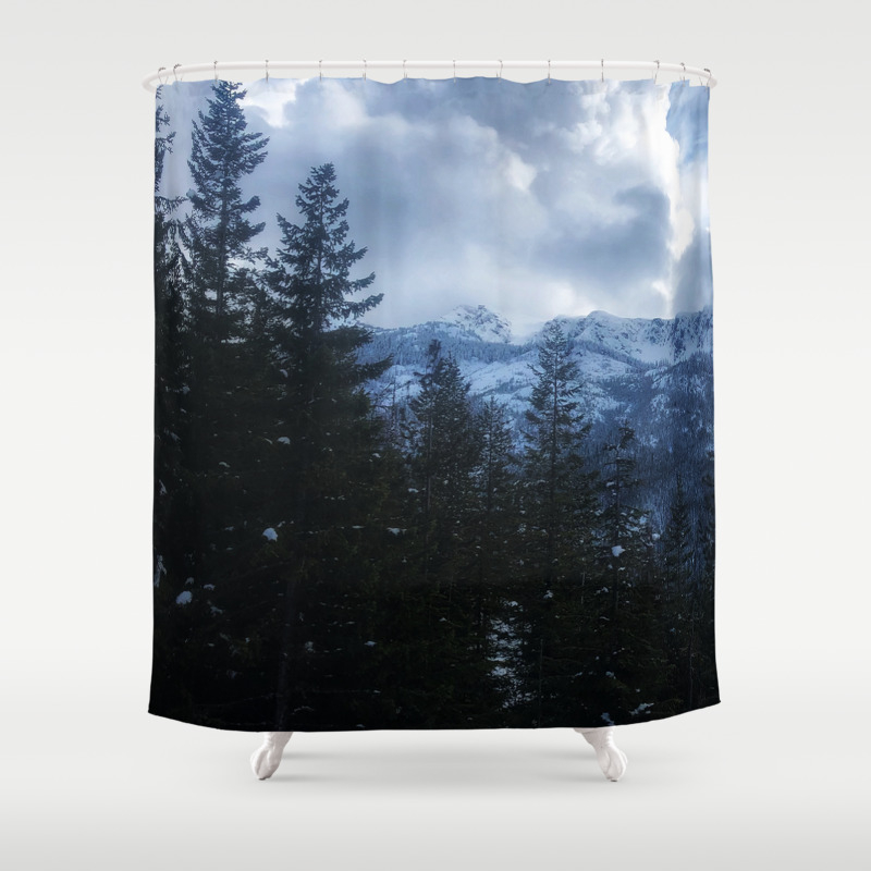 Snowy Mountains Behind A Green Forest, Green Forest Shower Curtain