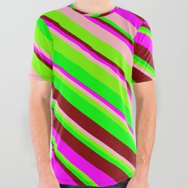 [ Thumbnail: Vibrant Fuchsia, Light Pink, Green, Lime, and Maroon Colored Pattern of Stripes All Over Graphic Tee ]