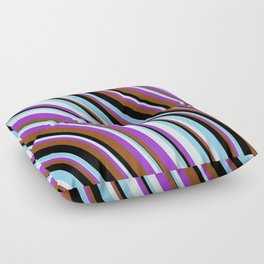 [ Thumbnail: Eyecatching Light Cyan, Dark Orchid, Brown, Black & Sky Blue Colored Stripes/Lines Pattern Floor Pillow ]