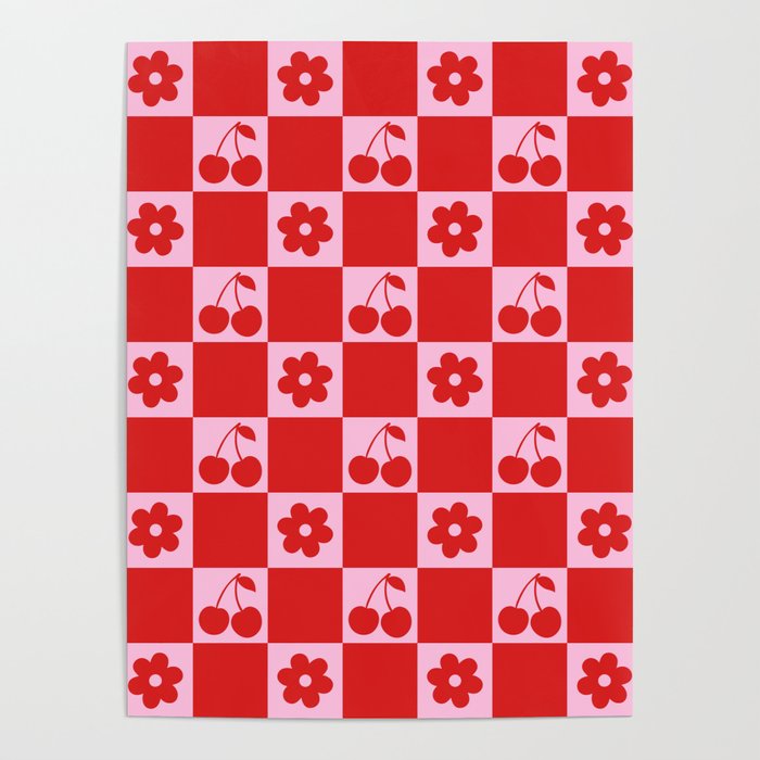 Cherry Flowers Pink & Red Checker Poster