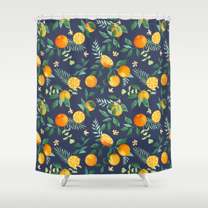 Fruits oranges with tropical leaves and flowers on a blue background. Textile seamless pattern from plant elements.  Shower Curtain