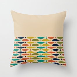  Midcentury Modern Multicolor Fish Half Pattern in Olive, Mustard, Orange, Teal, Beige Throw Pillow