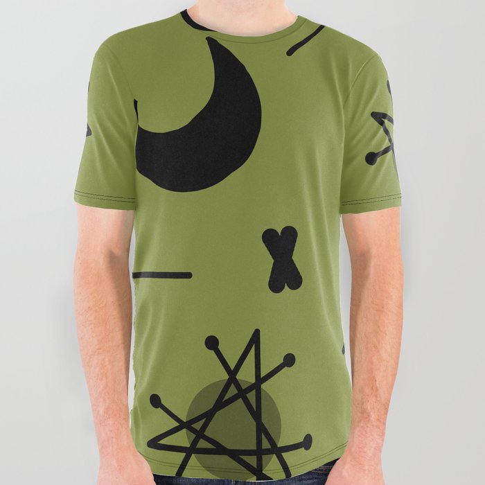 Moons & Stars Atomic Era Abstract Olive Green All Over Graphic Tee