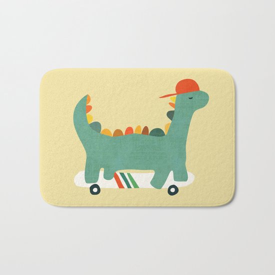 Dinosaur on retro skateboard Bath Mat