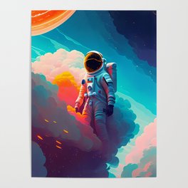 Astronaut standing alone in space clouds Poster