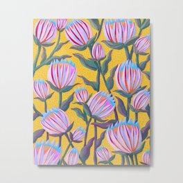 Bold Protea Flower Pattern - Pink Blue Green Purple Yellow Metal Print | Stylizedflowers, Tropicalflowers, Green, Curated, Boldflowers, Painting, Gouachepainting, Proteapattern, Sewzinski, Pattern 