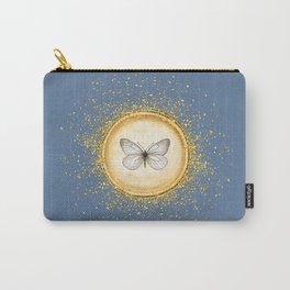 Hand-Drawn Butterfly Gold Circle Pendant on Slate Blue Carry-All Pouch