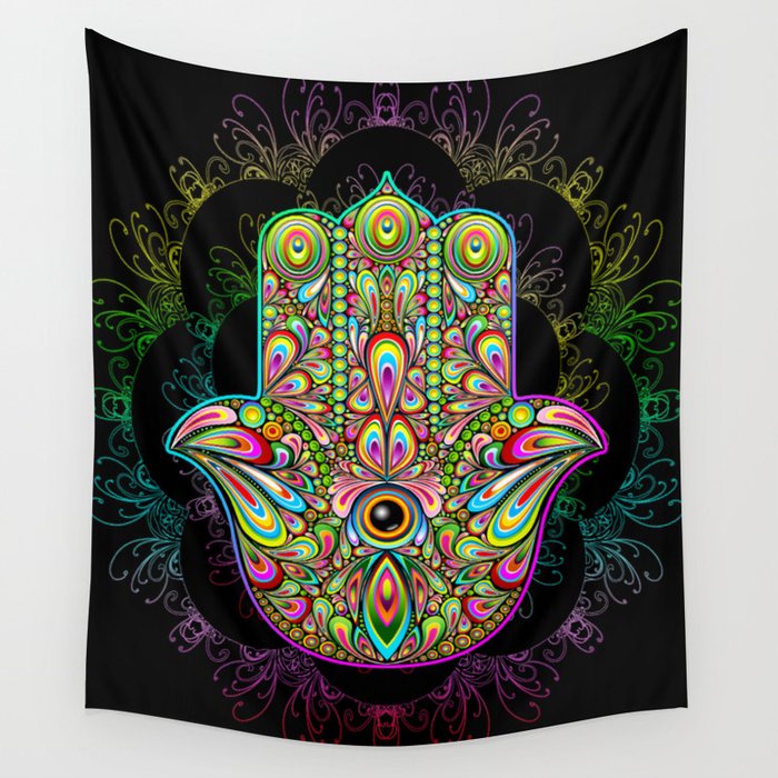 Hamsa Hand Amulet Psychedelic Wall Tapestry