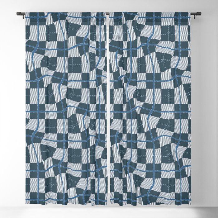 Warped Checkerboard Grid Illustration Peacock Blue Teal Blackout Curtain