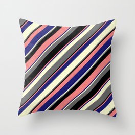 [ Thumbnail: Eye-catching Light Coral, Midnight Blue, Light Yellow, Dim Grey, and Black Colored Striped Pattern Throw Pillow ]