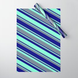 [ Thumbnail: Aquamarine, Slate Gray, and Blue Colored Pattern of Stripes Wrapping Paper ]