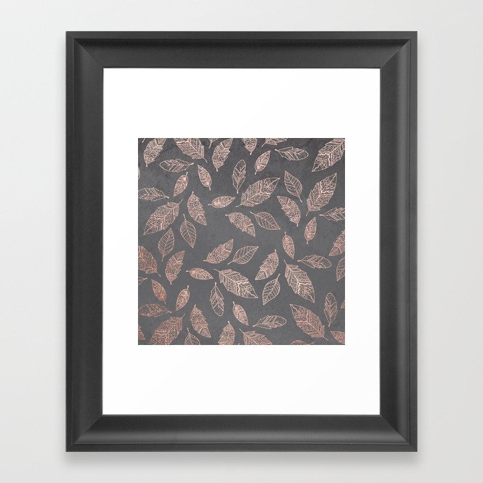 Rose gold hand drawn boho feathers hand drawn grey industrial concrete cement Framed Art Print