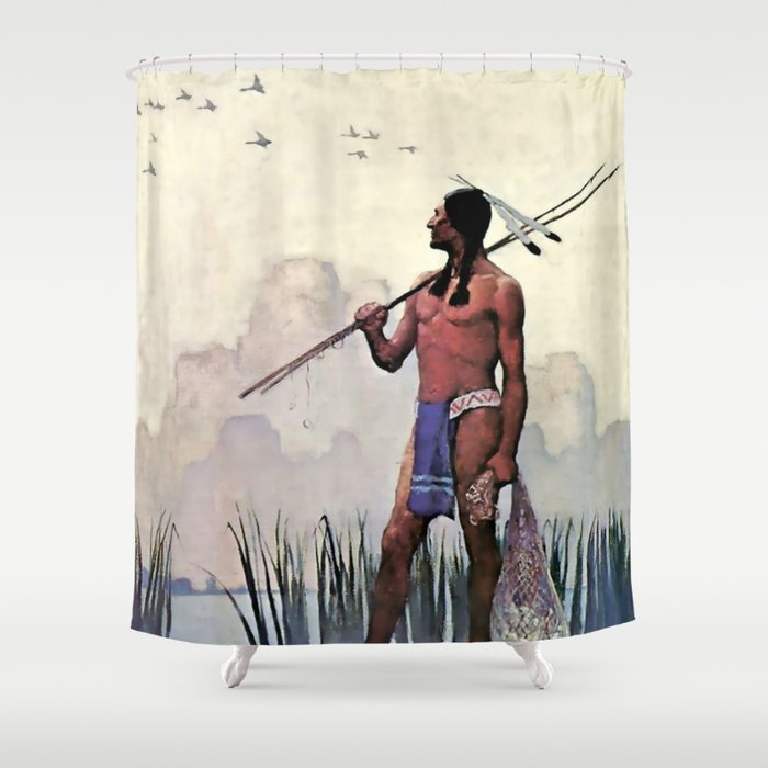 N C Wyeth Vintage Western Painting Spear Fishing Shower Curtain