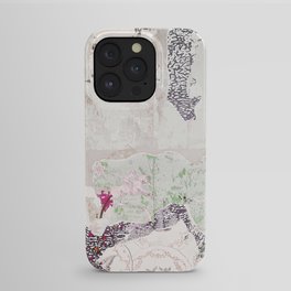New York, USA I Damaged green pattern wallpaper destroyed vintage antique with tears, horse, leopard iPhone Case