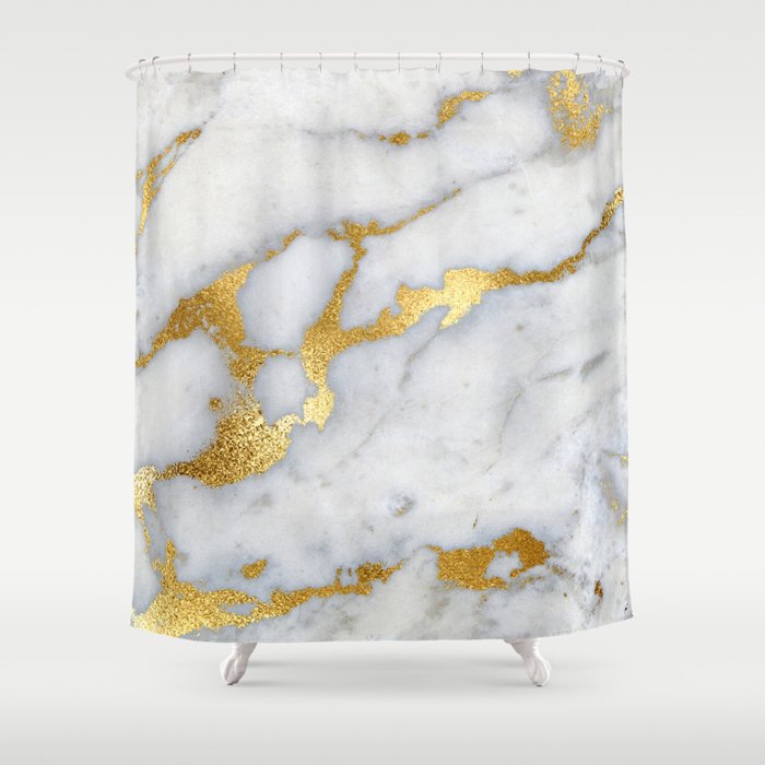 White and Gray Marble and Gold Metal foil Glitter Effect Shower Curtain
