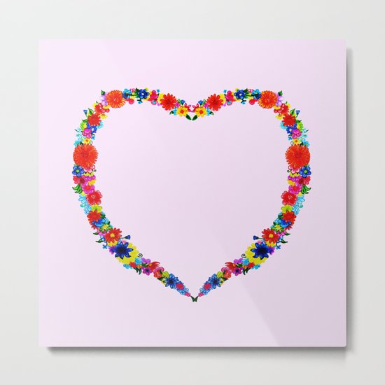 heart made of flowers on a pink background Metal Print