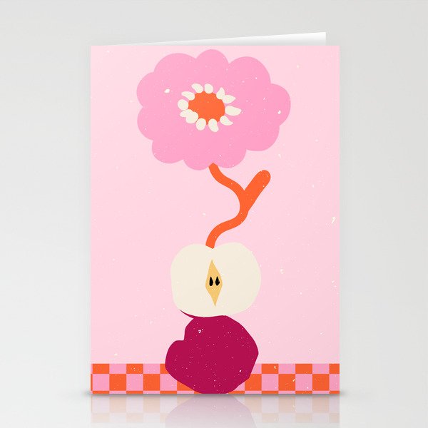 Pink abstract flower and apple. Groovy vibes and retro style Stationery Cards