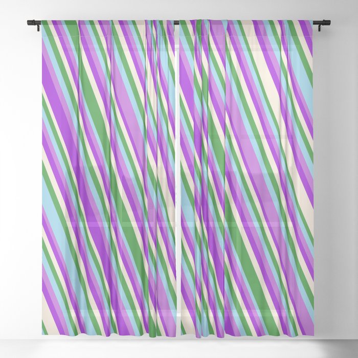 Eye-catching Forest Green, Sky Blue, Orchid, Dark Violet, and Beige Colored Striped/Lined Pattern Sheer Curtain