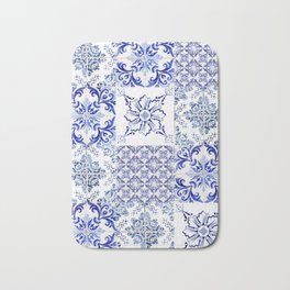Azulejo VIII - Portuguese hand painted blue tiles - Travel photography by Ingrid Beddoes Bath Mat | Patchwork, Curated, Mixedvintagetiles, Classicbluetiles, Ceramictiles, Ingridbeddoes, Portugueseazulejo, Vintagetiles, Blue, Handpaintedtiles 